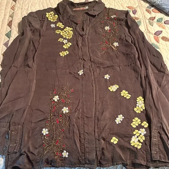 Johnny Was Brown Top with Floral Embroidery - Picture 2 of 5